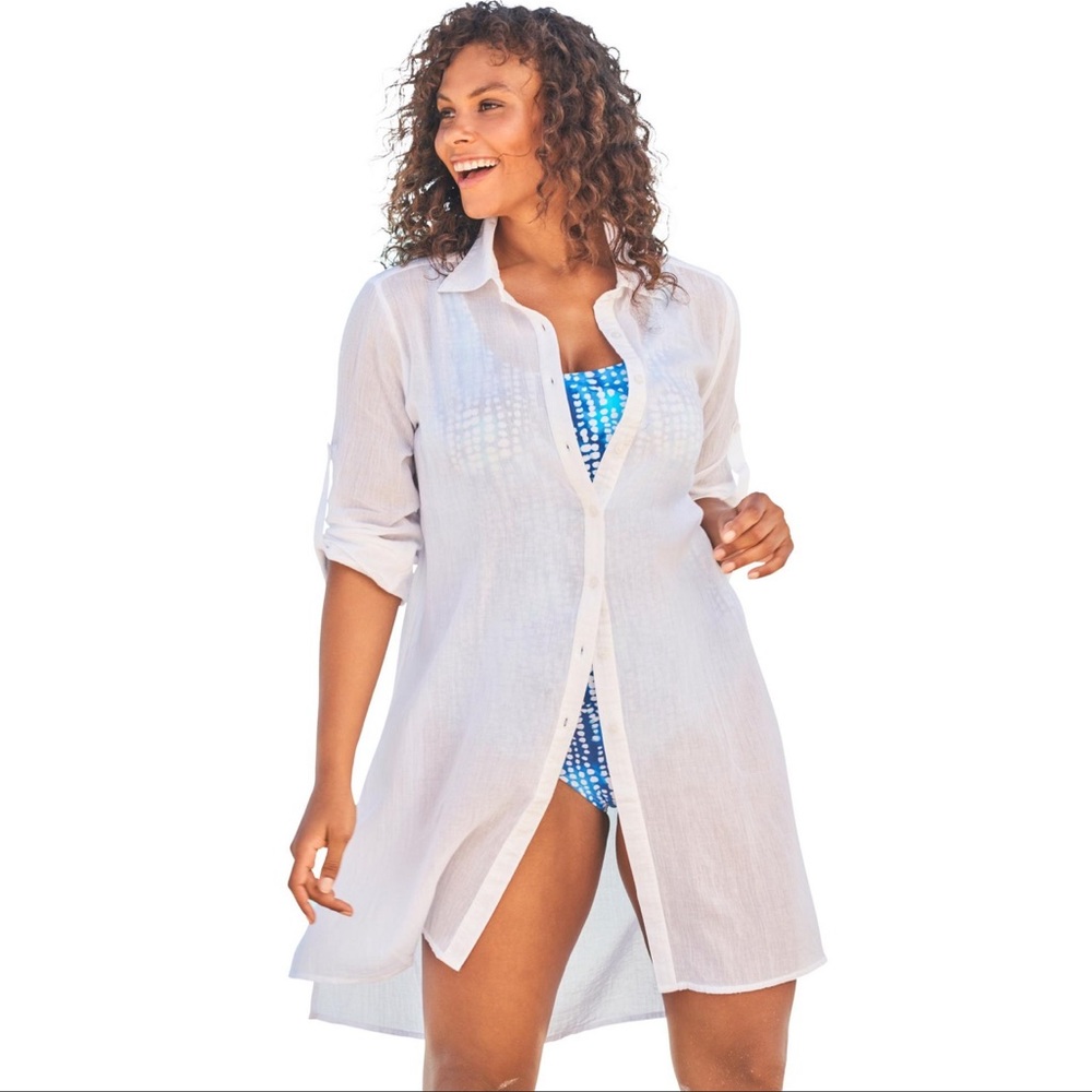 Swim365 Oversized Button Down Shirt Swim Coverup White Size 1X